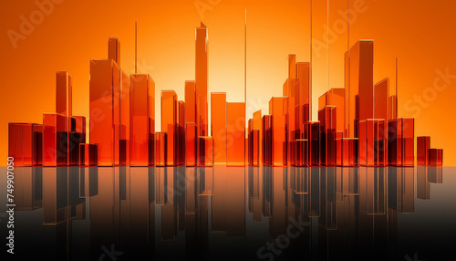 A cityscape with tall buildings and a bright sun in the sky