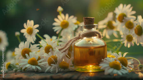 Chamomile Essential Oil with Fresh Flowers
. A small bottle of chamomile essential oil surrounded by fresh chamomile flowers on a rustic surface with warm sunlight.
