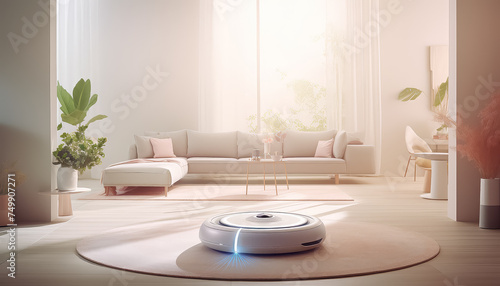 A living room with a white couch and a white robot vacuum