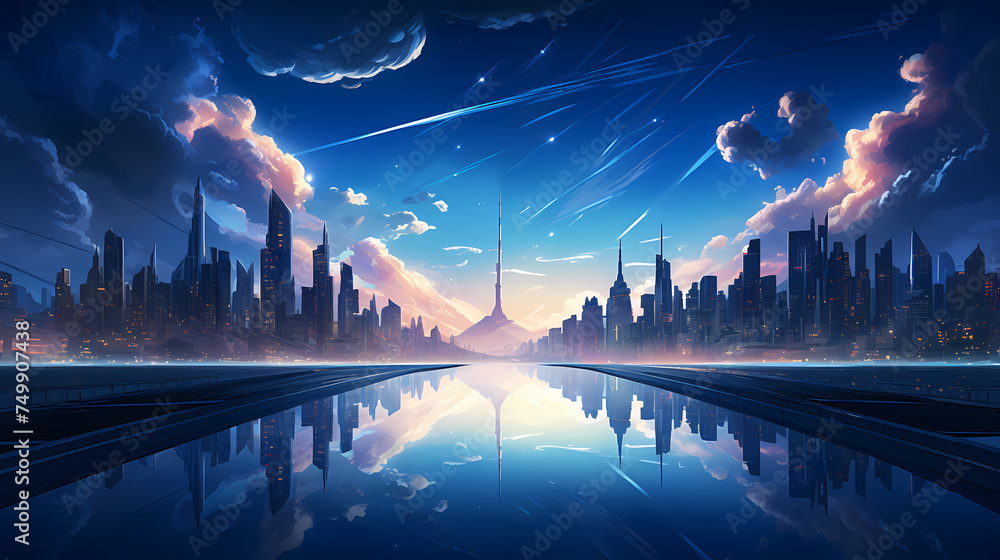 Vibrant cityscape with towering skyscrapers glowing with neon lights under the sunset sky Vibrant cityscape with towering skyscrapers glowing with neon lights under the sunset sky