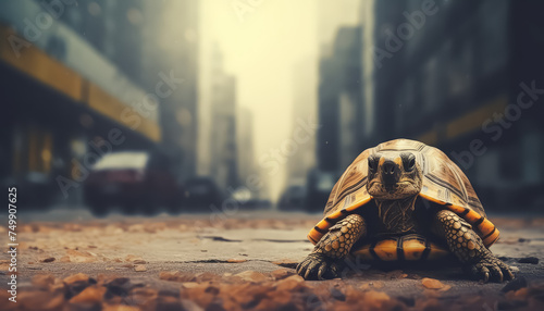 A turtle is laying on the ground in a city street photo