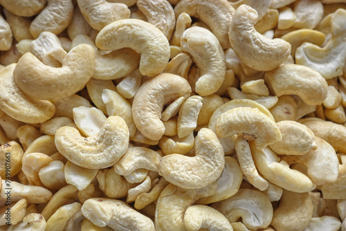 Close up photo of organic cashew nuts, selective focus, food background.