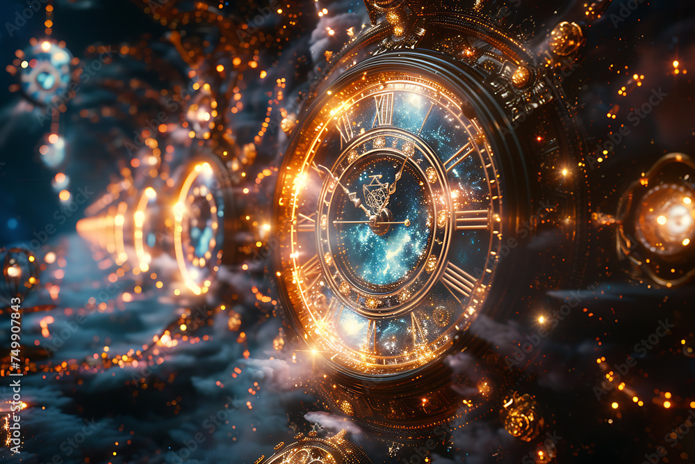 Obraz premium concept of time and clock ,The universe intertwined several timelines, a multiverse in creative style , a multiverse