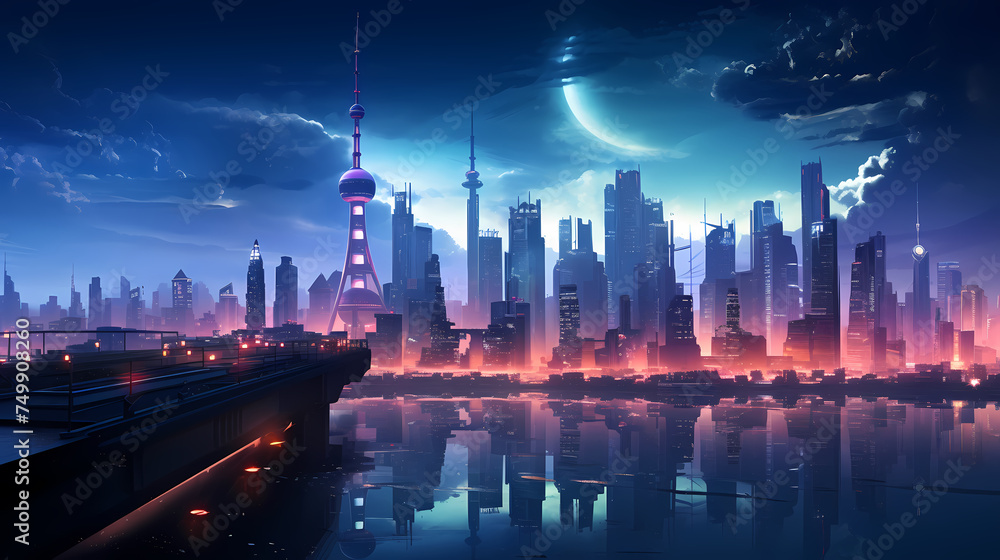 Vibrant cityscape with towering skyscrapers glowing with neon lights under the sunset sky