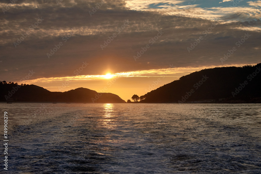 The Cies Islands in Galicia Spain at dusk