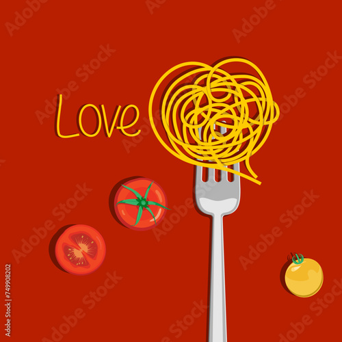 Love pasta background with hearts. Cooking, restaurant design element.