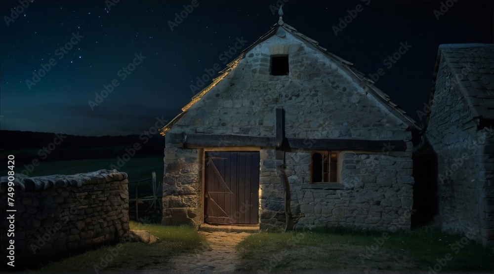 A medieval farm with a door and windows. Fantasy medieval background. The concept of medieval history, life and culture A medieval farm with a door and windows. Fantasy medieval background. The concept of medieval history, life and culture