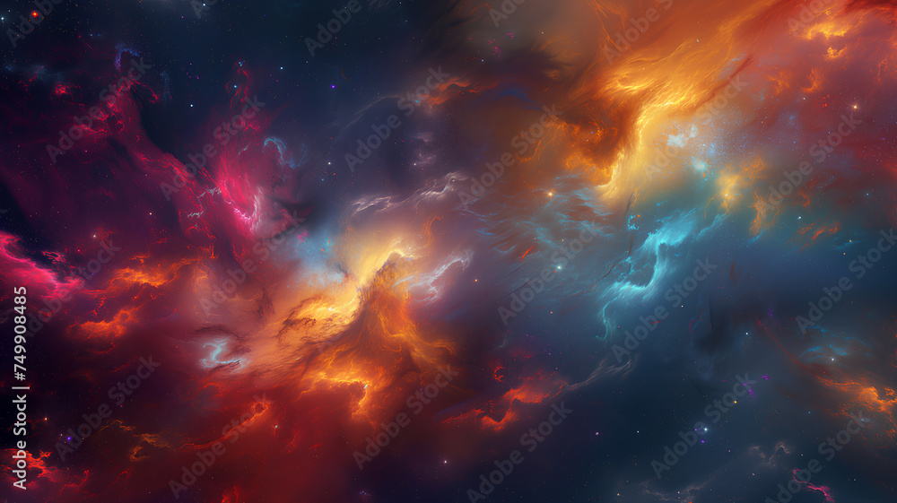 Vivid Cosmic Nebula Clouds in Deep Space
. A breathtaking digital representation of swirling nebula clouds with vibrant colors in the depths of outer space.
 - obrazy, fototapety, plakaty 
