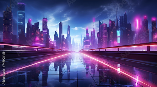 Vibrant cityscape with towering skyscrapers glowing with neon lights under the sunset sky