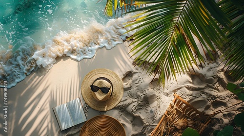 Top view of Beach scene with a hammock, sunglasses, and a book under a palm tree with copy space on left side