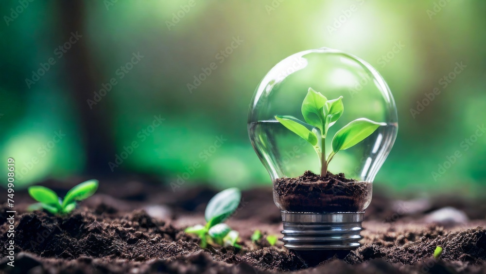 A sprout plant growing in a light bulb on rich soil ground. Eco-Power - obrazy, fototapety, plakaty 