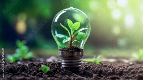 A sprout plant growing in a light bulb on rich soil ground. Eco-Power