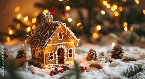 Festive Gingerbread House Decoration with Defocused Golden Winter Background