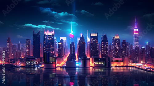 Panoramic night view of bustling city skyline and skyscrapers © xuan