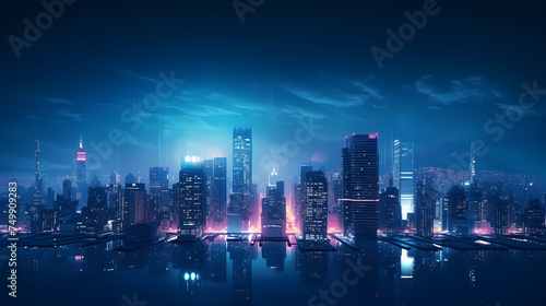 Panoramic night view of bustling city skyline and skyscrapers