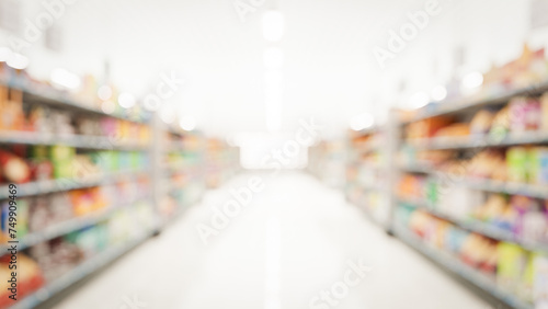 Abstract blurred supermarket aisle with colorful shelves and unrecognizable customers as background. 3D illustration