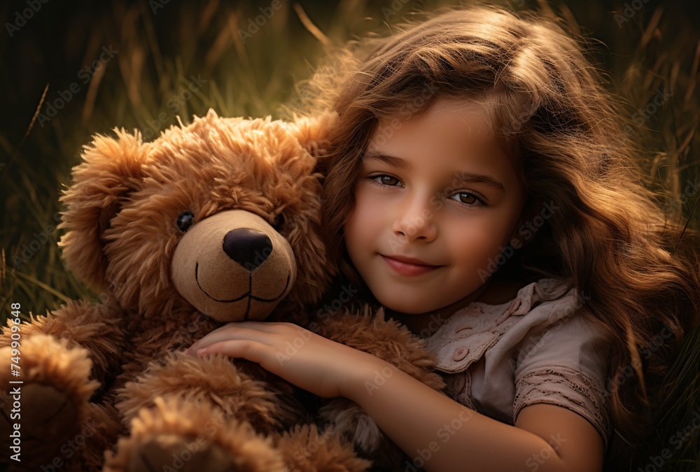 a little girl lay on the grass with her teddy a little girl lay on the grass with her teddy
