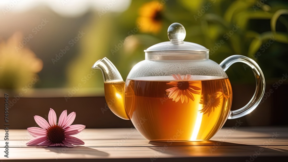 Echinacea purpurea. teapot of herbal echinacea tea on rustic wooden table Echinacea purpurea. teapot of herbal echinacea tea on rustic wooden table