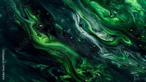 Abstract Green and Black Fluid Art Texture with Marbled Patterns