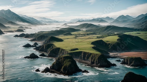 Emerald fields, misty mountains, and a rugged coastline under a hazy sky 