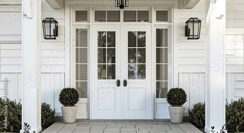 Exquisite White Wooden Entrance Door: Elevating Your Home's Luxury and Style © AIGen