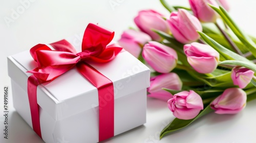Beautiful gift box and pink tulip flowers on white background.international women's day