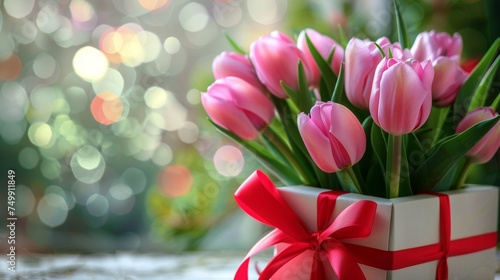 beautiful tulip color pink in the gift box near window.International women's day