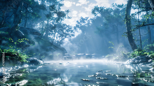 Misty River: Reflections of Trees in a Calm Stream. Autumn Morning with Fog and Peaceful Atmosphere