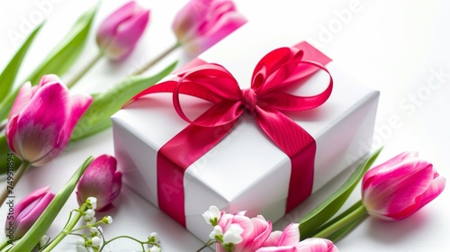Beautiful gift box and pink tulip flowers on white background.International women's day