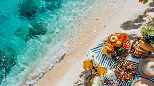 Top view of Beach picnic setup with tropical fruits, sandwiches, and a beach blanket on the shore with copy space on left side