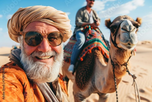 Senior man wearing a turban on a camel safari. Older people enjoying travel and life. © Jouni