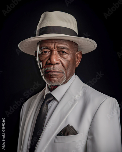 Close portrait, african elder, wrinkles, white suit, shirt, tie, serious gaze.