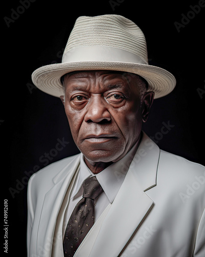 Elegantly aged, close-up of African senior, white suit, shirt, tie, serious expression.