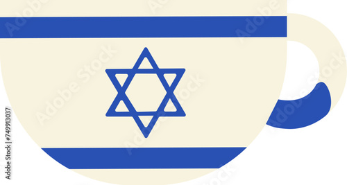 Deep ceramic mug with handle for hot drinks. Festive solid milk element, attribute of Jewish holiday. Cartoon flat vector icon in national colors of Israel flag isolated on white background