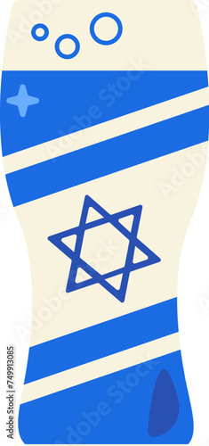 Tall glass filled with light beer, carbonated drink. Festive solid milk element, attribute of Jewish holiday. Cartoon flat vector icon in national colors of Israel flag isolated on white background