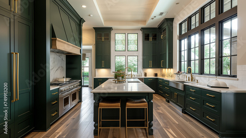 Elegant Green Kitchen Interior with Marble Countertops and Modern Appliances