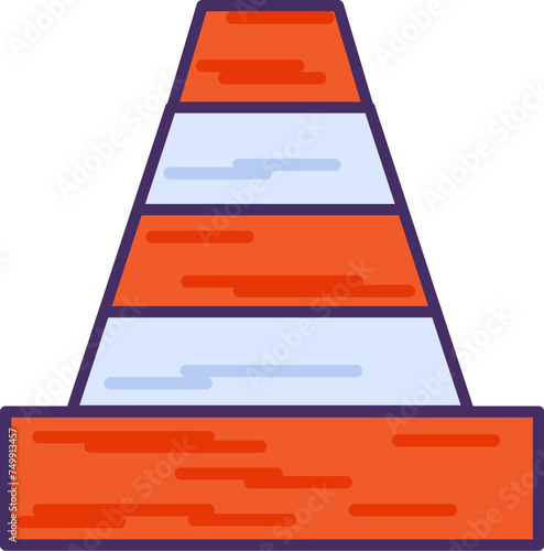 Striped plastic cone to restrict traffic during road repairs. Professional tools and equipment of highly qualified specialist. Simple colored stroked vector icon isolated on white background