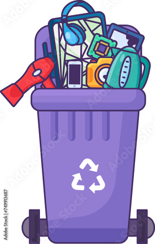 Fulled opened lid container for storing, recycling and sorting used household e-waste. Transportable trash bin for old phones, monitors, electronics, TV. Stroked cartoon outline vector