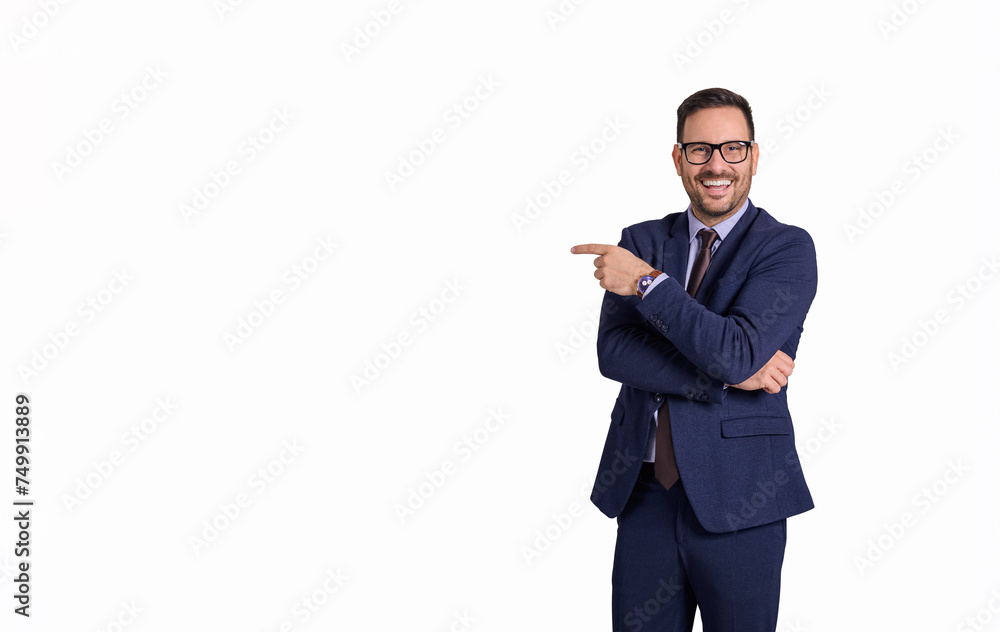 Portrait of happy male professional aiming at copy space and marketing on isolated white background Portrait of happy male professional aiming at copy space and marketing on isolated white background