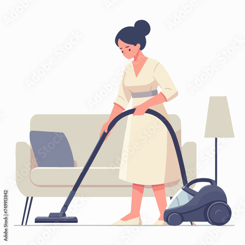 flat design illustration of woman cleaning floor with vacuum cleaner