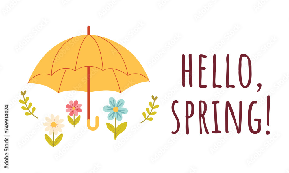Hello spring. Umbrella with spring flowers. Cute vector illustration for spring design. Flat style vector illustration