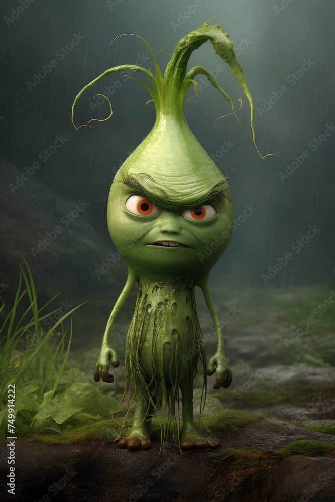 A character from the cartoon green onion . 3d illustration