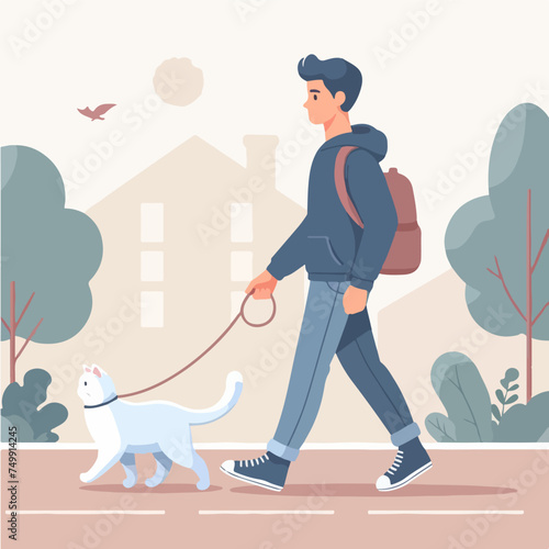 flat design illustration of man walking with pet cat