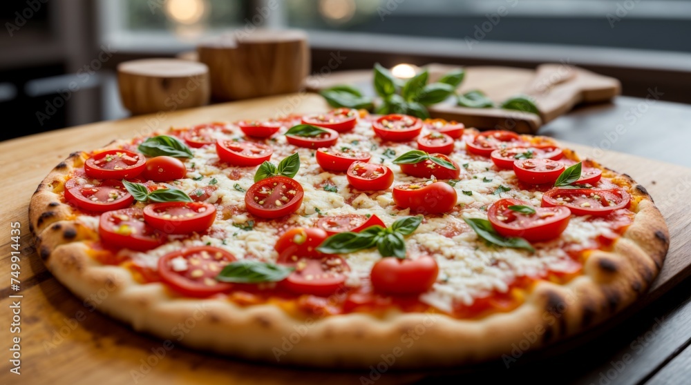 Flavorful pizza topped with cherry tomatoes and basil on wood 