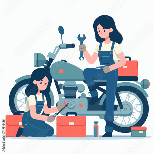 flat design illustration of female motorcycle mechanic workshop