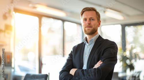 Portrait of a successful businessman with confident and friendly facial expression and his arms crossed in front of blurred office background. Generative AI