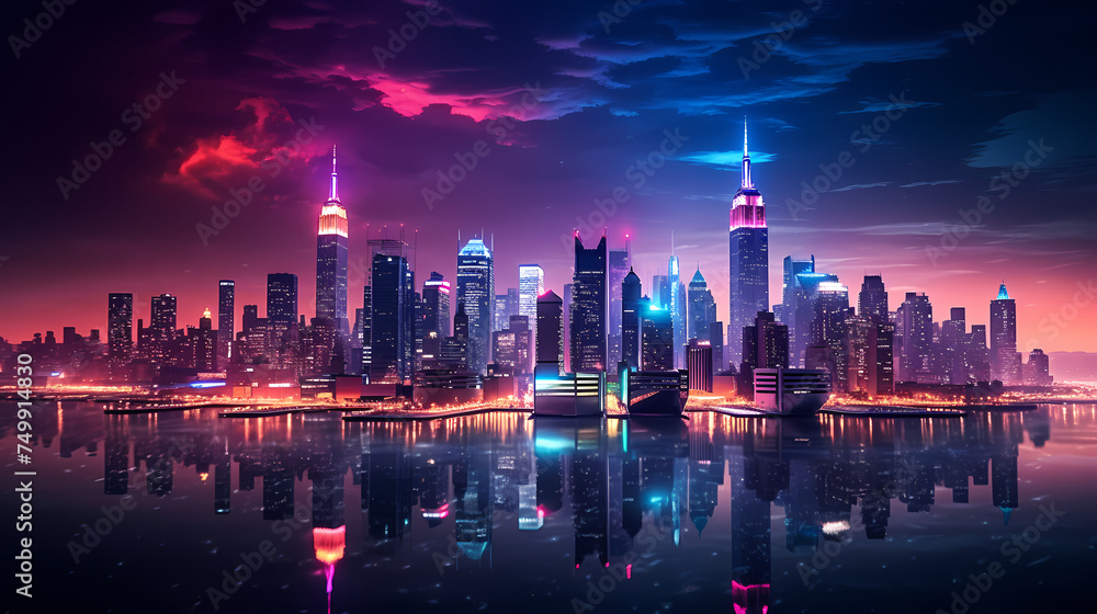 Obraz premium Future city, neon lights and high-rise buildings