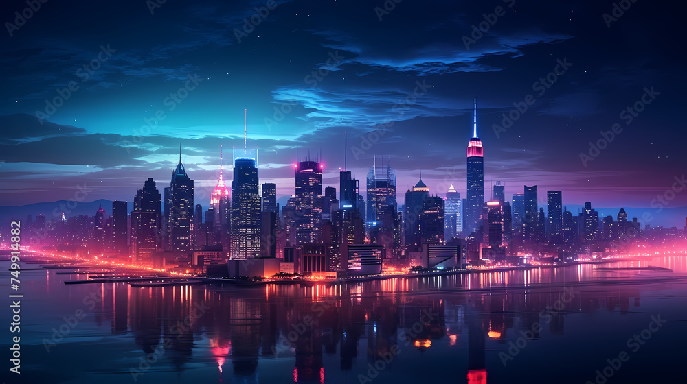 Fototapeta premium Future city, neon lights and high-rise buildings