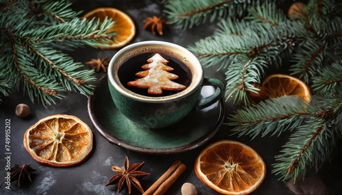 cup of coffee with a christmas tree pattern dried orange slices and fir branches dark rustic background christmas cozy background view from above