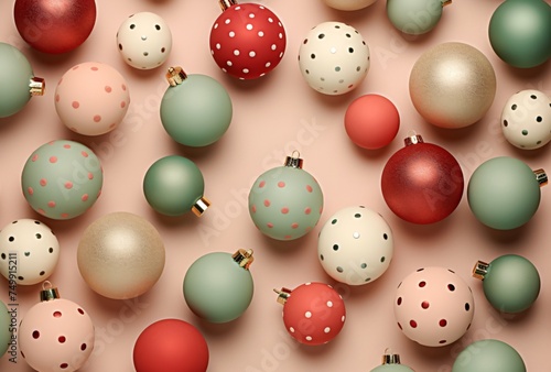 christmas decorations on the light beige background of many christmas balls